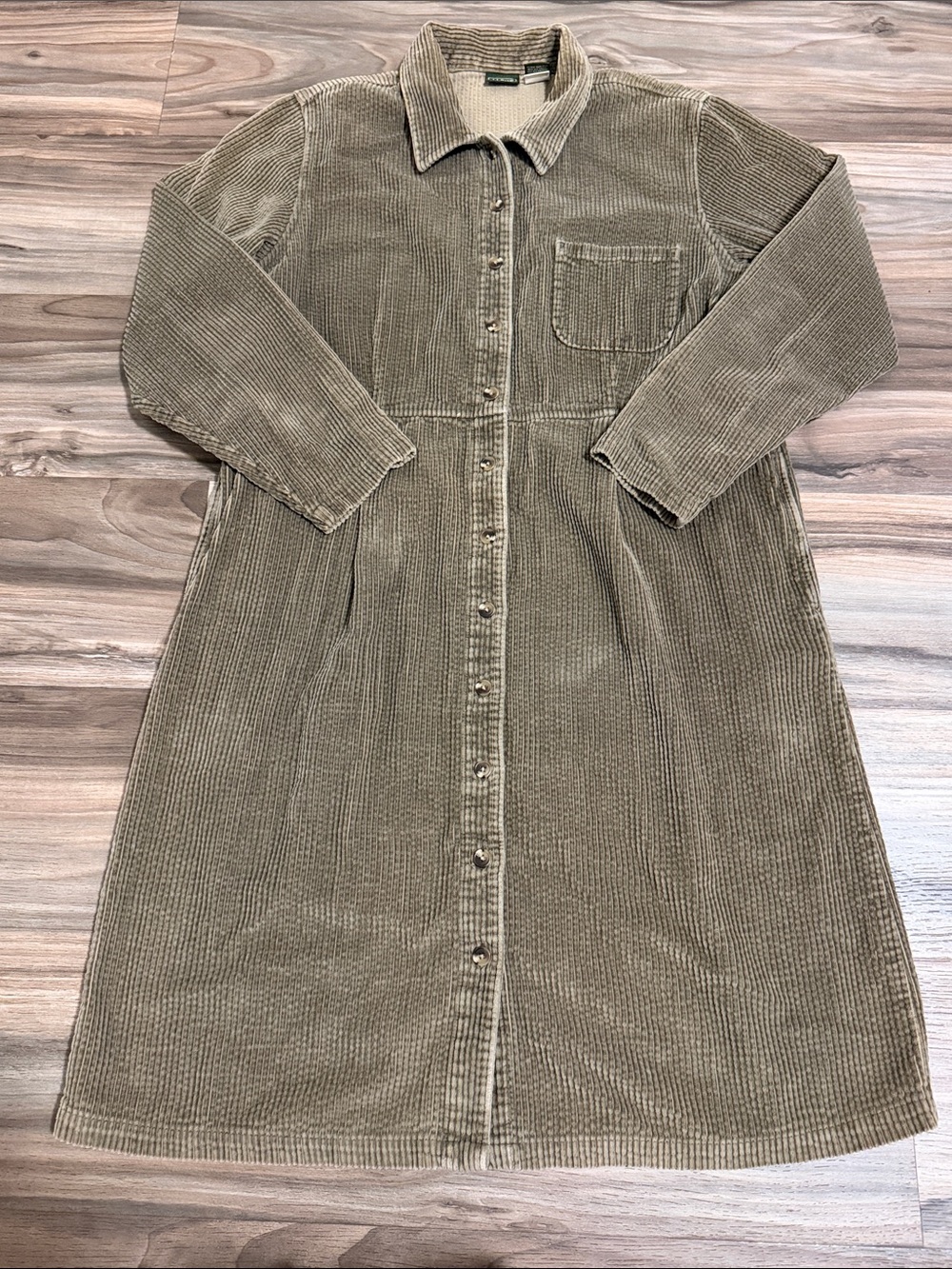 Vtg. L.L. Bean Olive Green Wide Whale Corduroy Shirt Dress Women 16 Cottagecore